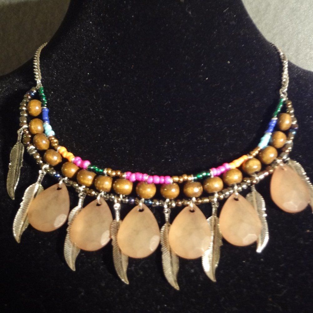Wood Bead and Metal Feather Necklace